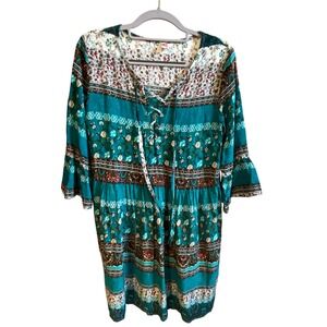 Womens L Coastal Boho Tunic Top Teal Floral Peasant Lace Up 3/4 Sleeve Festival